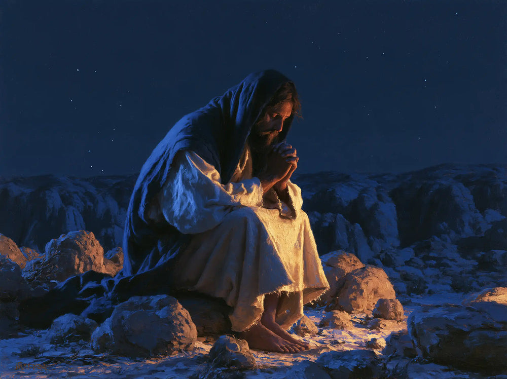 Jesus in the desert during the temptation in Midnight Blue Chiaroscuro style, landscape Christian artwork no. 9