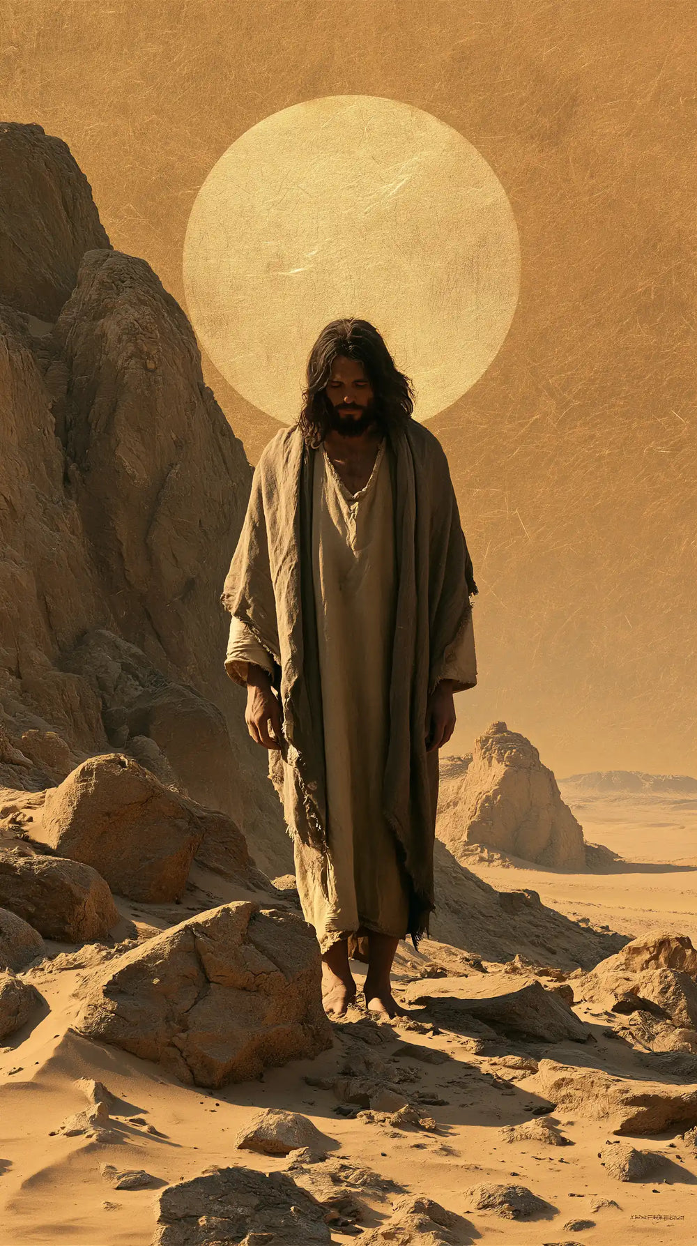 Jesus in the desert during the temptation in Sacred Gold style, portrait Christian artwork no. 12