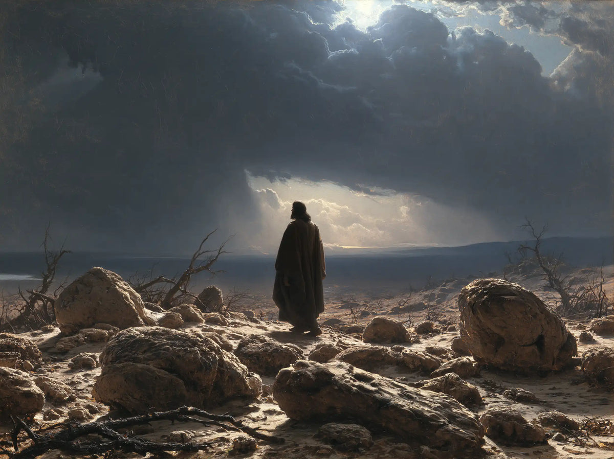 Jesus in the desert during the temptation in Symbolist style, landscape Christian artwork no. 10