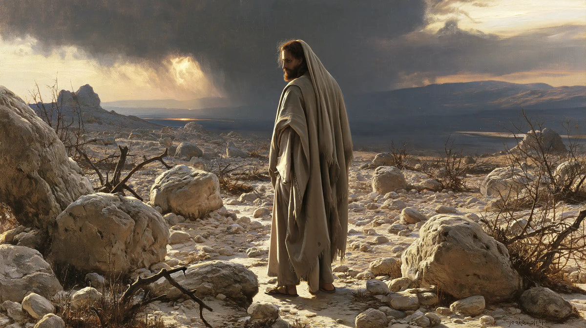 Jesus in the desert during the temptation in Symbolist style, landscape Christian artwork no. 17