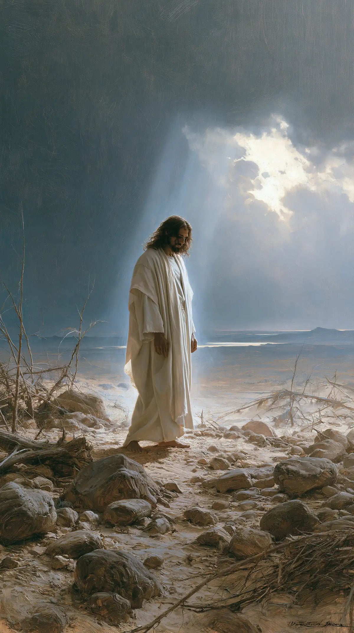 Jesus in the desert during the temptation in Symbolist style, portrait Christian artwork no. 3