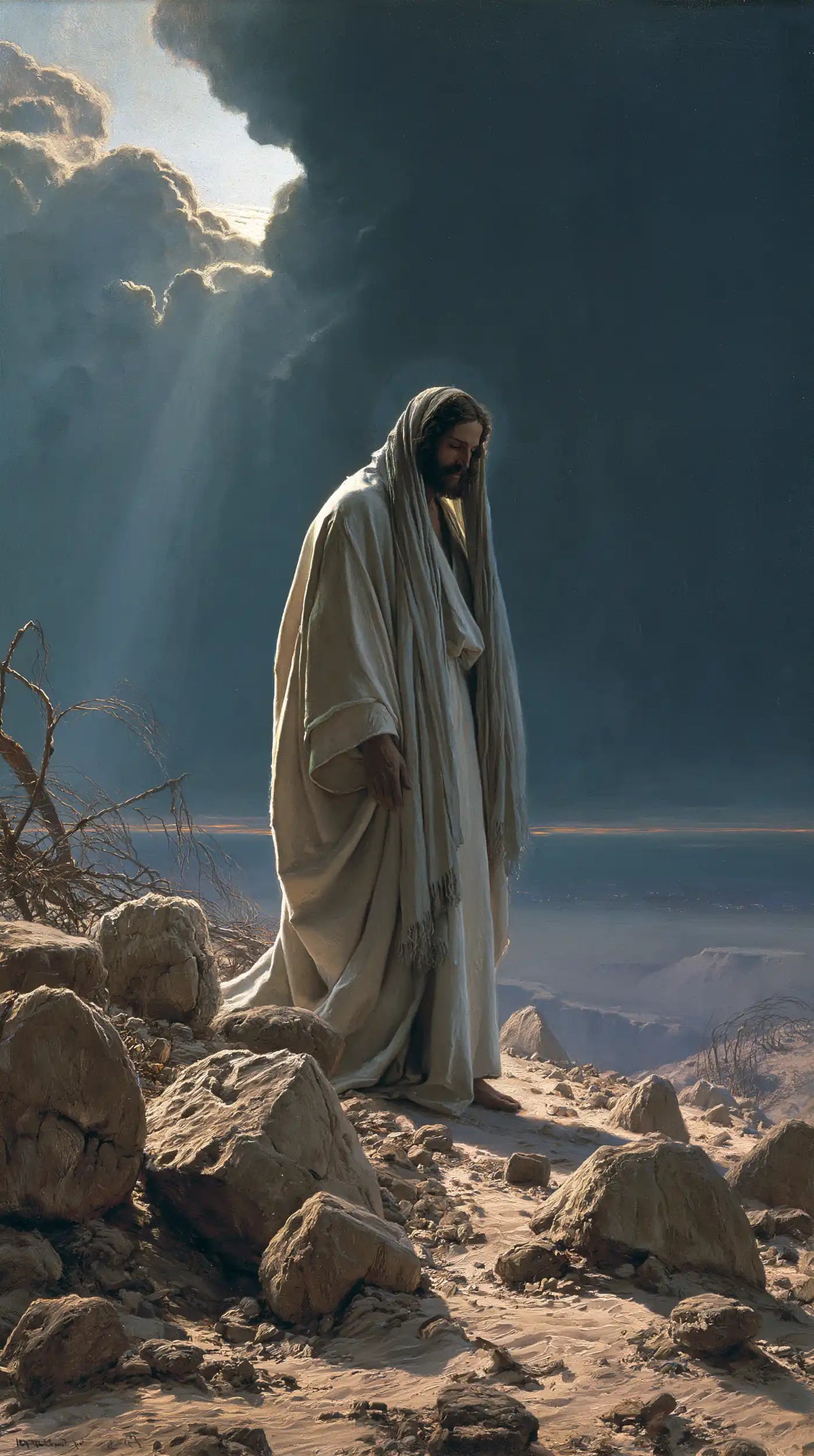 Jesus in the desert during the temptation in Symbolist style, portrait Christian artwork no. 4