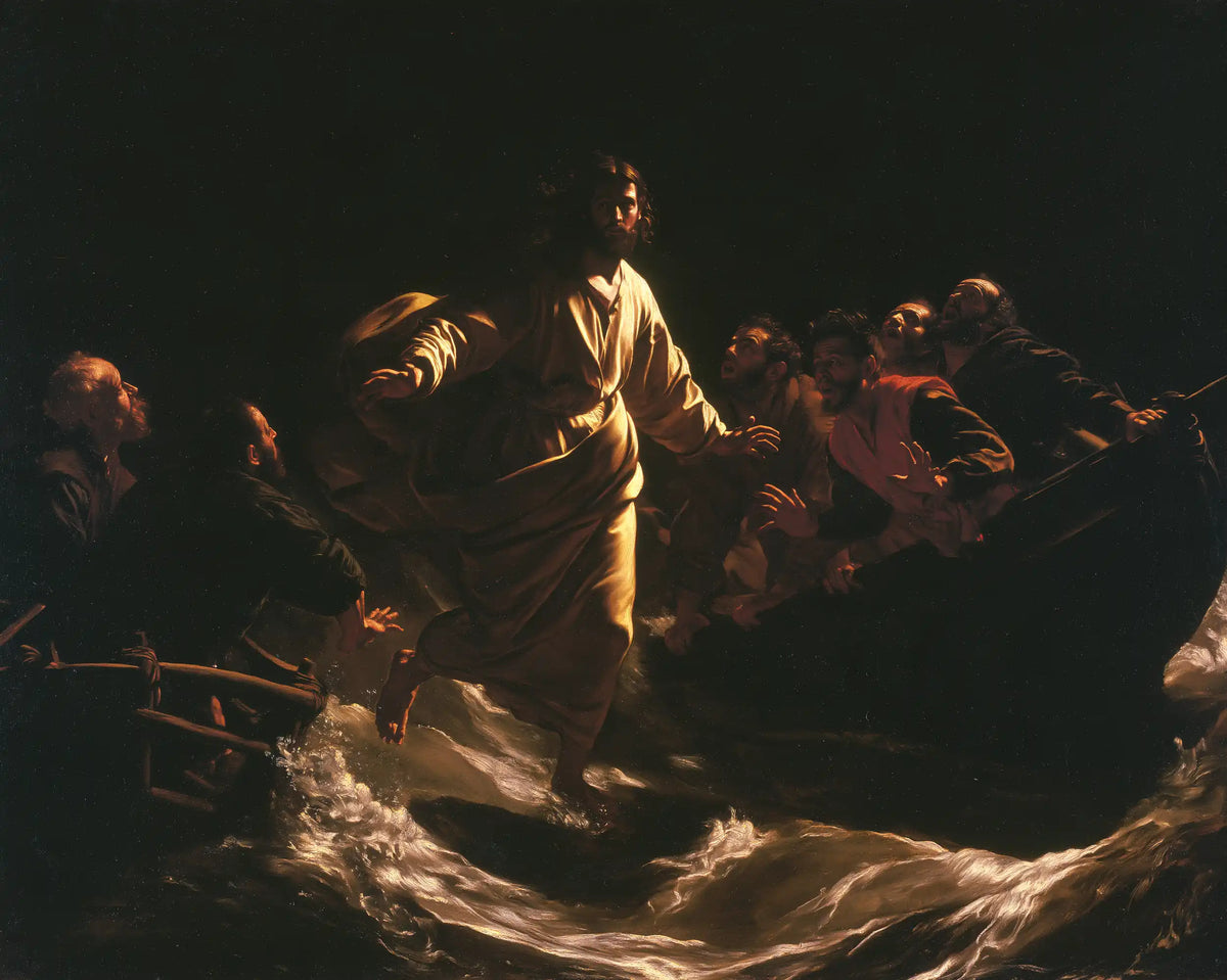 Jesus walking on water in Caravaggio Tenebrism style, landscape Christian artwork no. 2