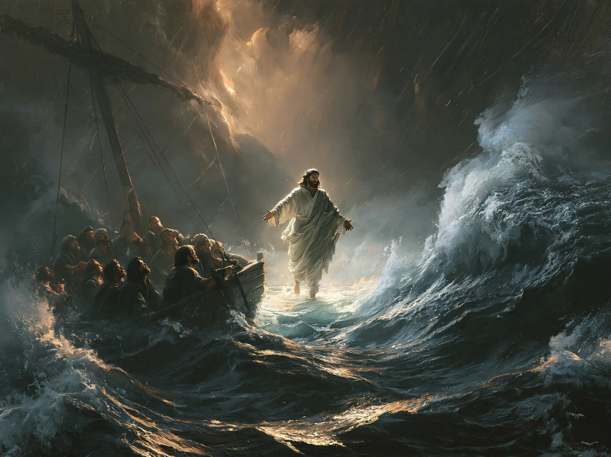 Jesus walking on water in Explosion of Movement style, landscape Christian artwork no. 5