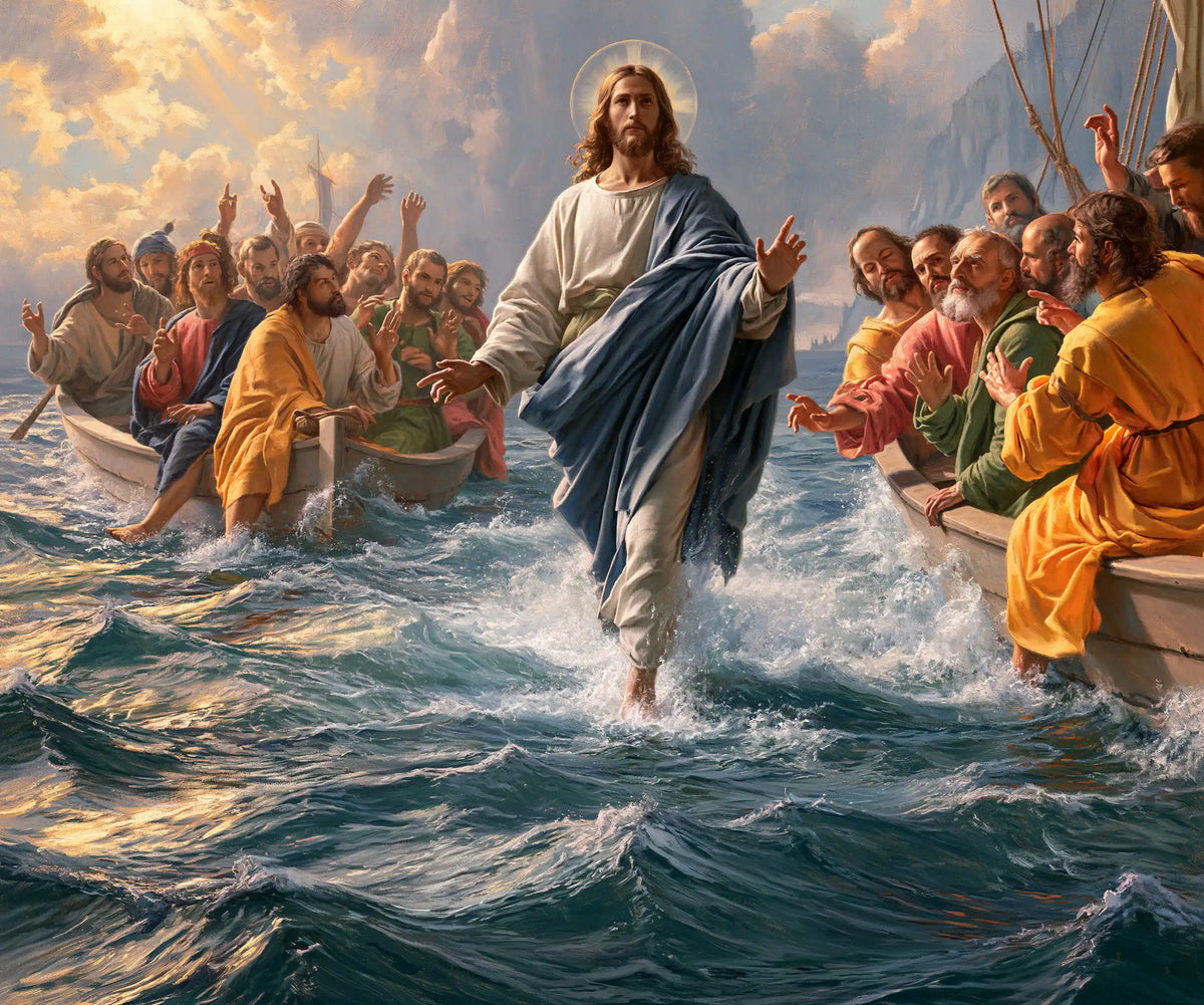 Jesus walking on water in Florentine Renaissance style, landscape Christian artwork no. 1