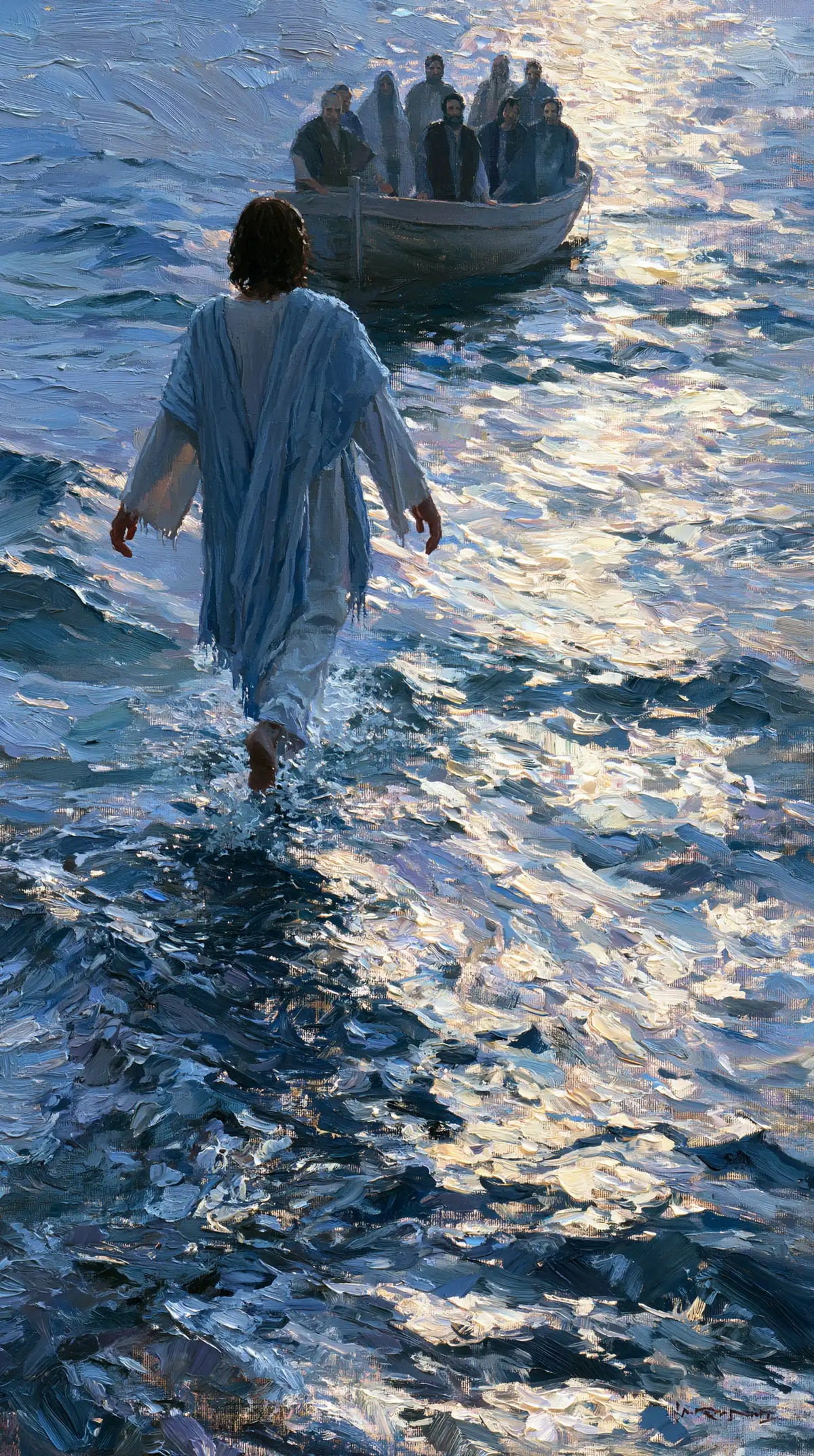 Jesus Walking on Water — The Silver Wake toward the Faces