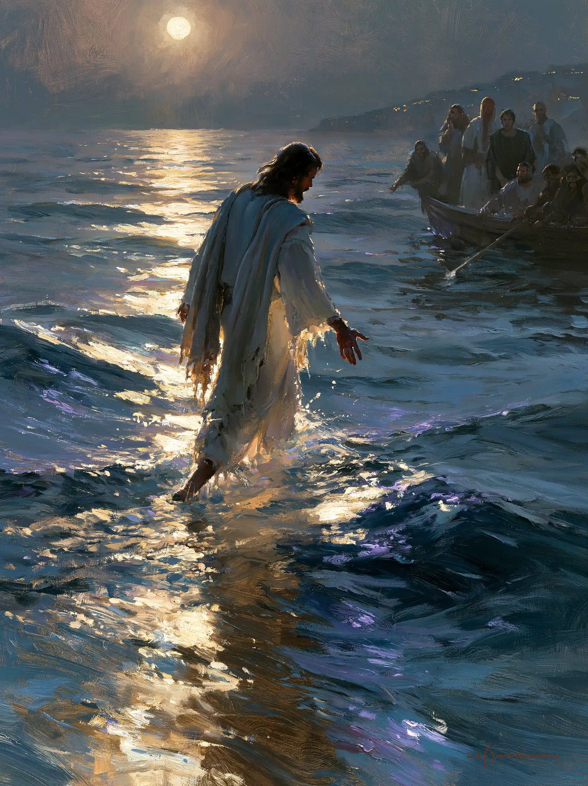 Jesus Walking on Water — Linen Leaning over the Night Mirror
