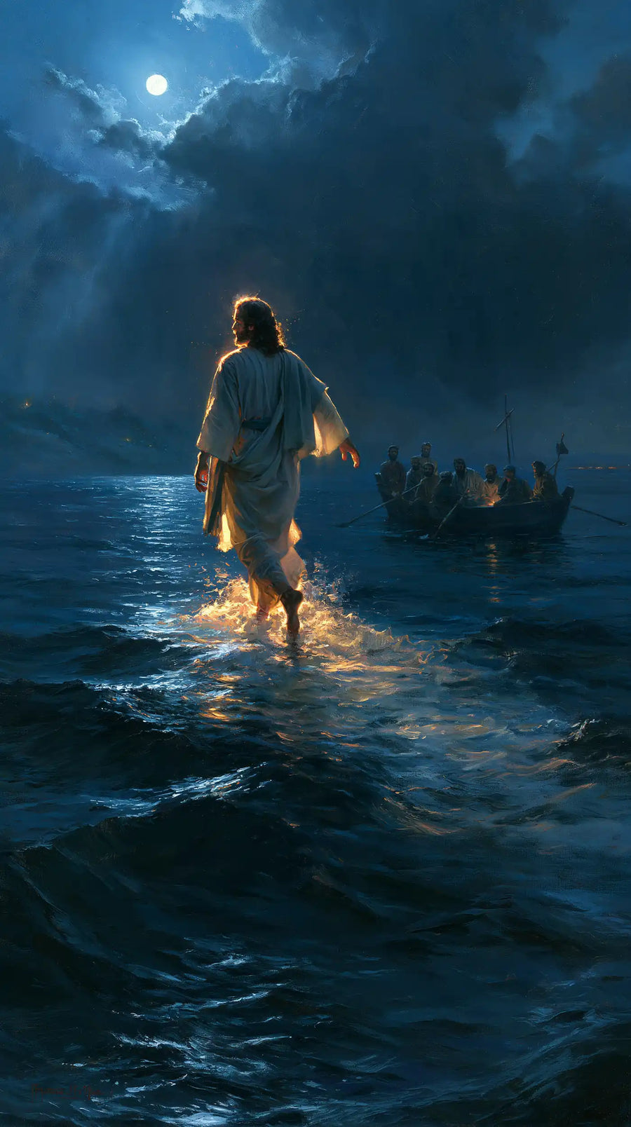 Jesus Walking on Water — The Glow of Feet beneath Midnight Clouds