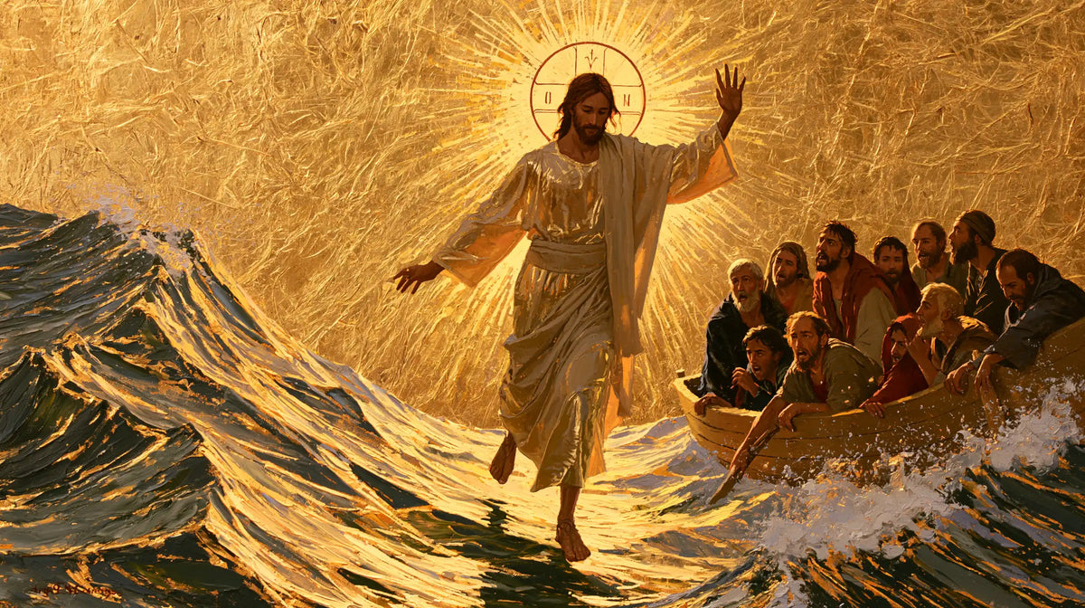 Jesus walking on water in Sacred Gold style, landscape Christian artwork no. 1