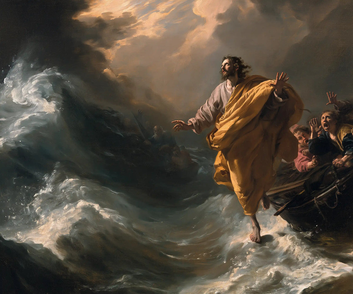 Jesus walking on water in Theatrical Baroque style, landscape Christian artwork no. 8