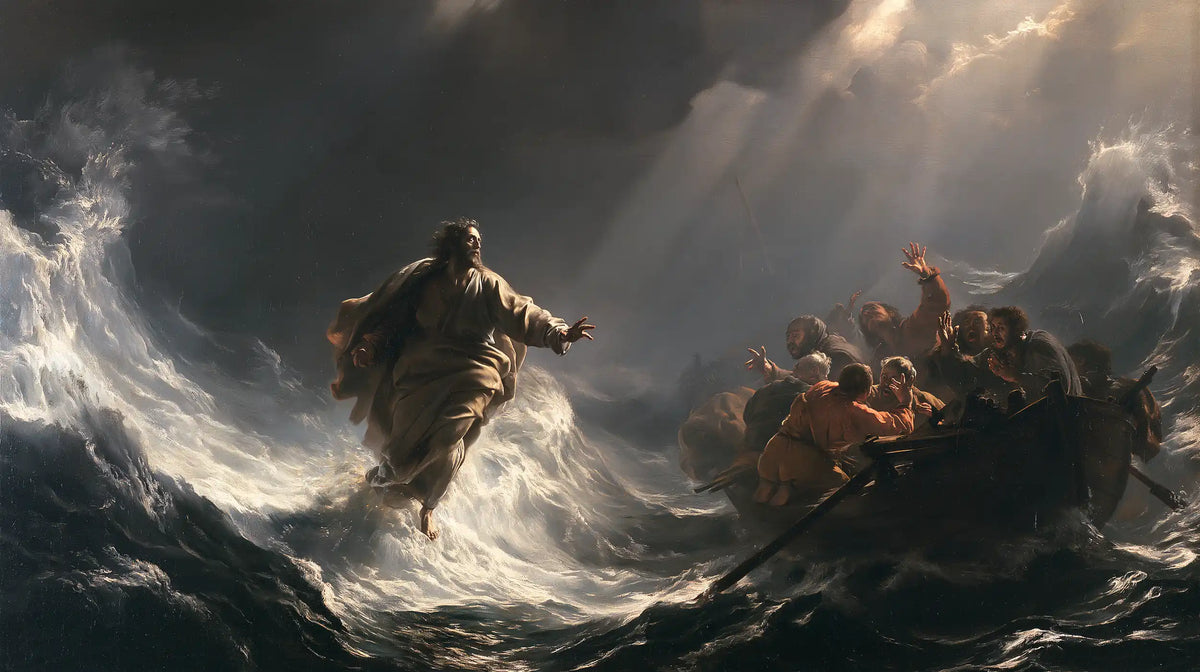 Jesus walking on water in Theatrical Baroque style, landscape Christian artwork no. 26