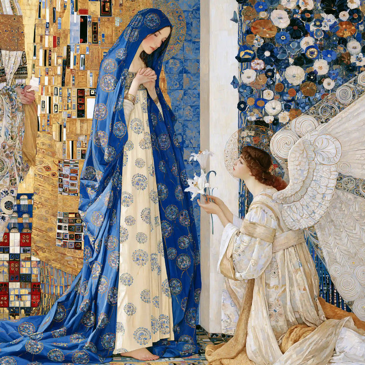 Mary and Gabriel in a Blue-Gold Mosaic – Golden Secession Art · Square