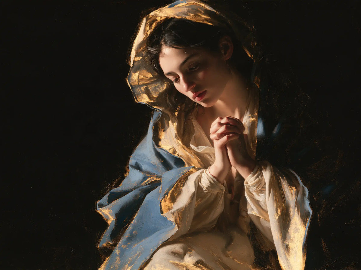 Virgin Mary in Prayer — Gold along the Veil