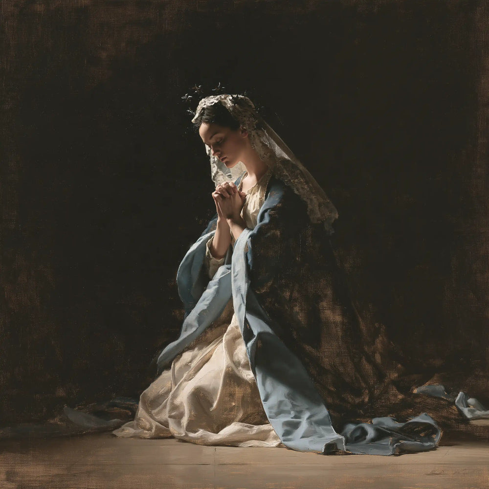 the Virgin Mary in prayer in Black and Gold style, square Christian artwork no. 3