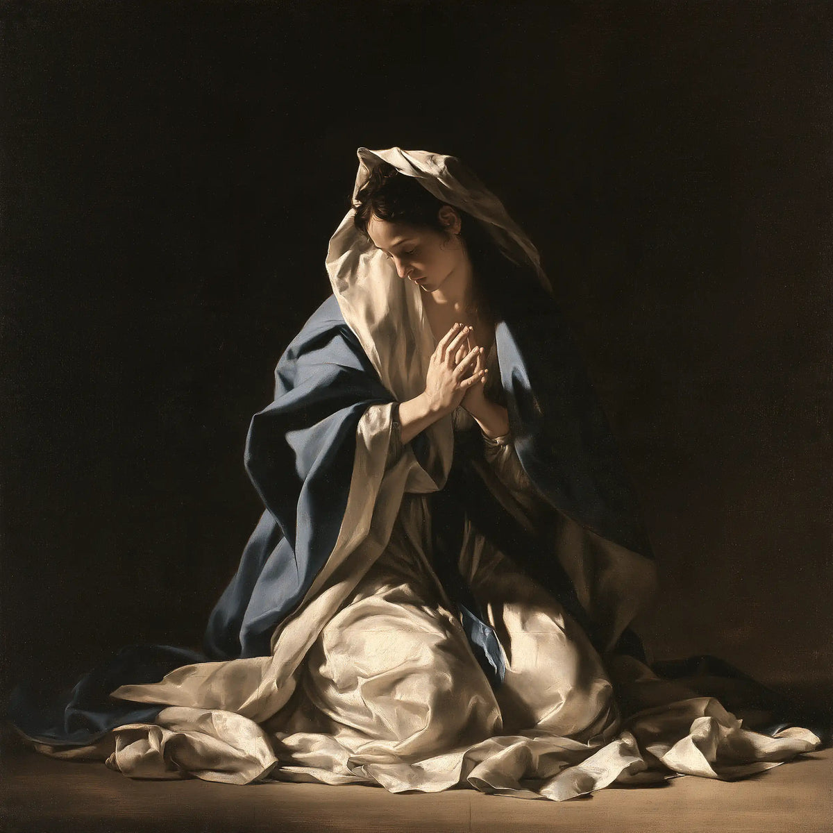 Virgin Mary in Prayer — Light upon Gathered Knees