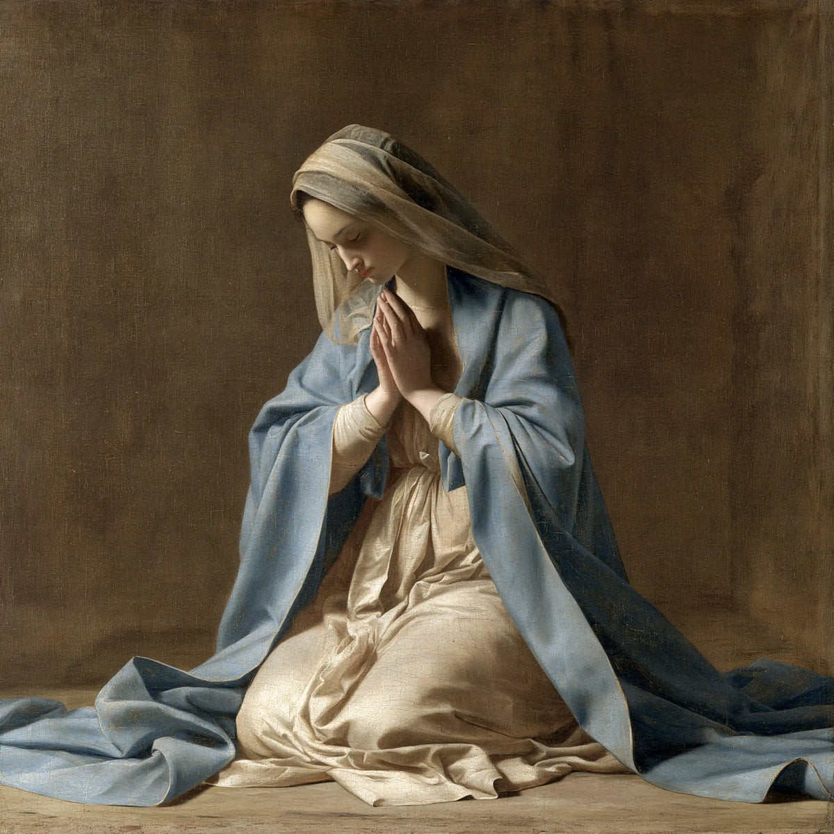 Virgin Mary in Prayer — Quiet Drapery against Umber