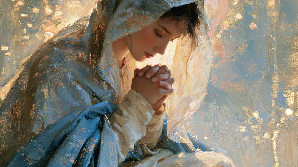 the Virgin Mary in prayer in Impressionist style, landscape Christian artwork no. 12