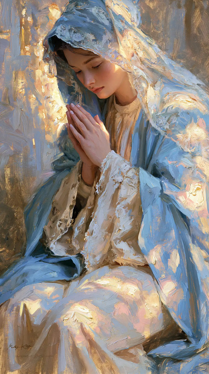 Virgin Mary in Prayer — Sleeves Embroidered with Light