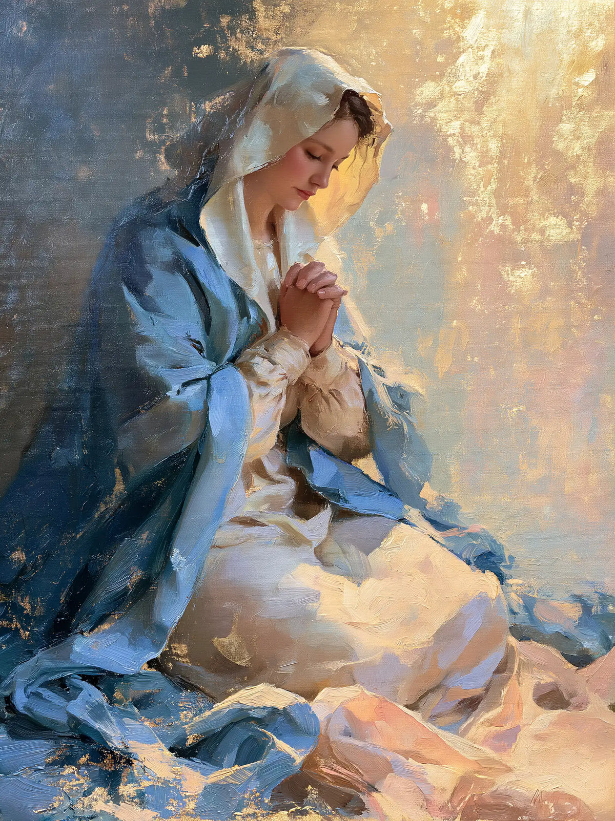 Virgin Mary in Prayer — Serenity in Pastel Folds