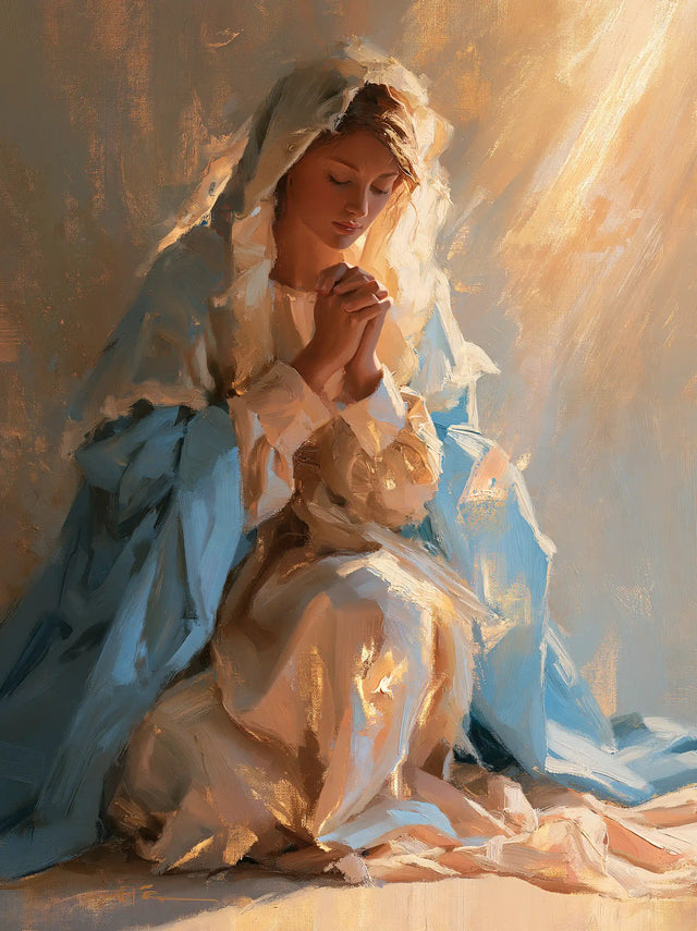 Virgin Mary in Prayer — The Knee beneath the Amber Ray