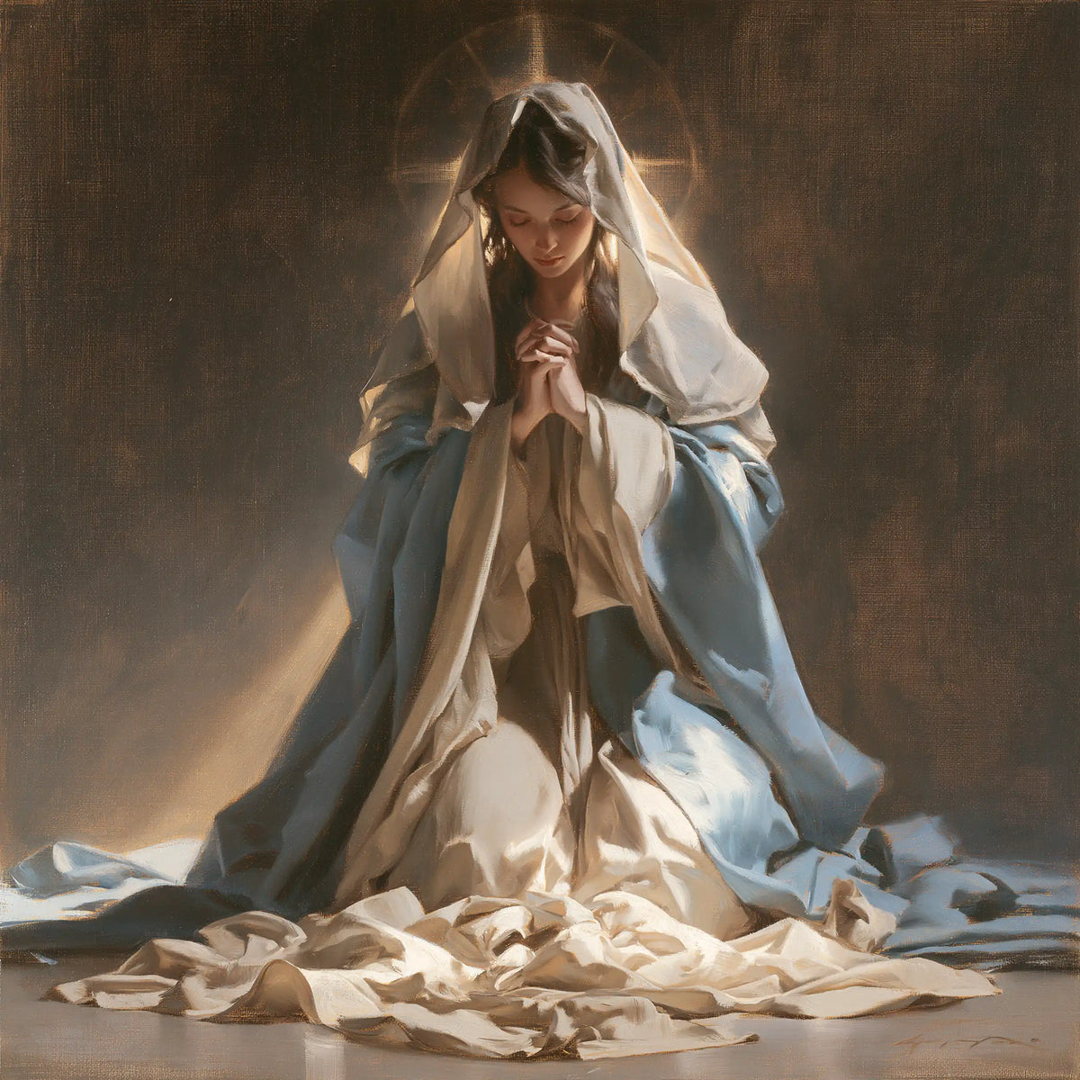 Virgin Mary in Prayer — The Pale Veil and the Ivory Floor