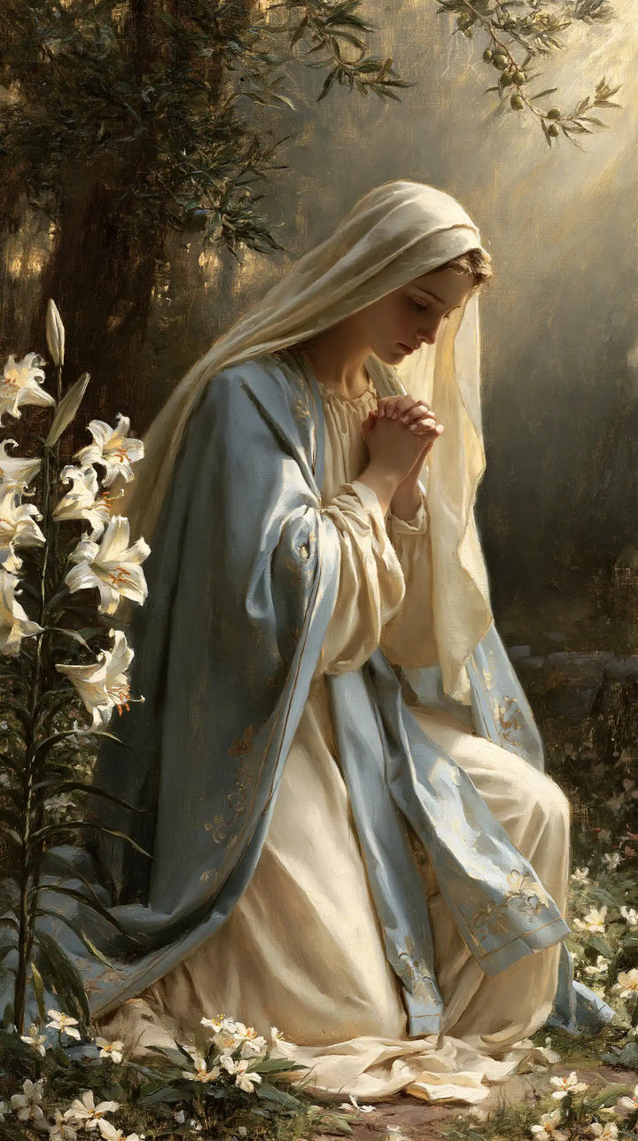 Virgin Mary in Prayer — Prayer beside the Lilies in Shadow
