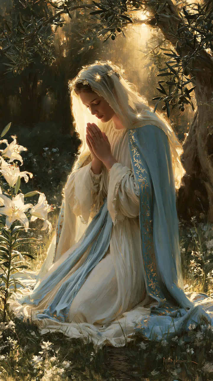 Virgin Mary in Prayer — Light in the Crown of Branches