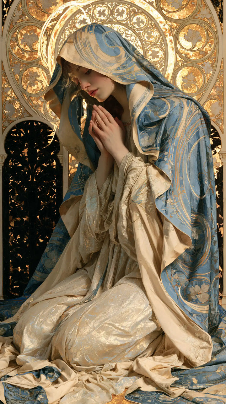 Virgin Mary in Prayer — The Veil within the Circle of Scrolls