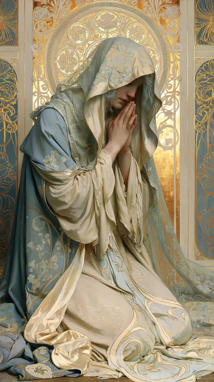 Virgin Mary in Prayer — Contemplation in Pale Gold