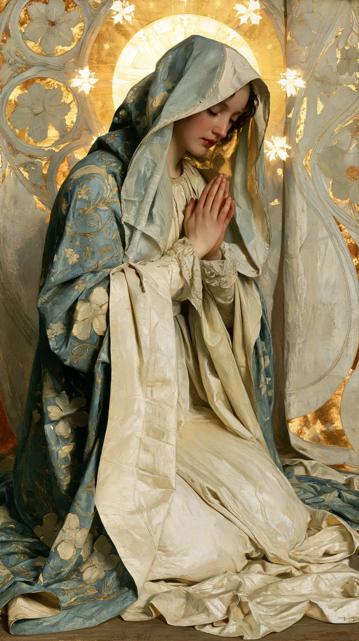 Virgin Mary in Prayer — Prayer beneath Flowerlike Stars