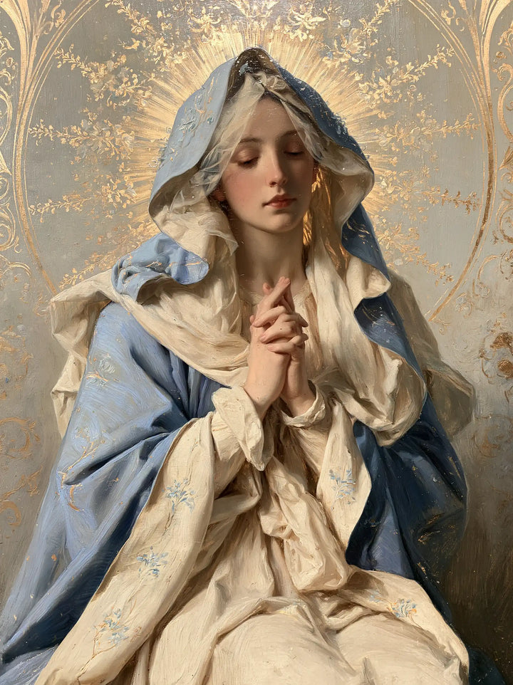 Virgin Mary in Prayer — The Peaceful Face beneath Golden Branches