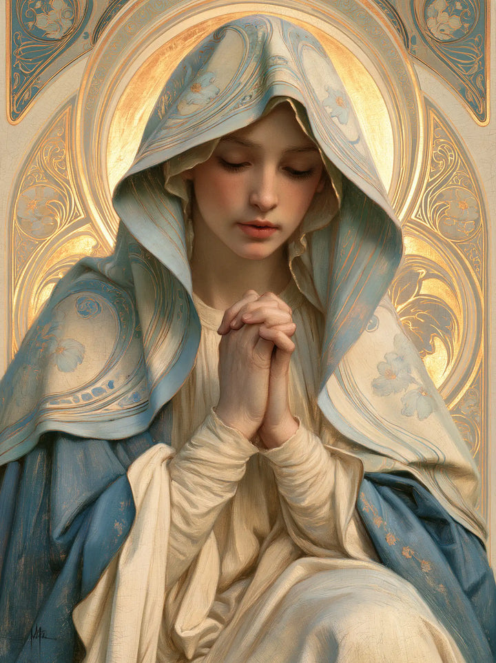 Virgin Mary in Prayer — Contemplation within the Opal Circle