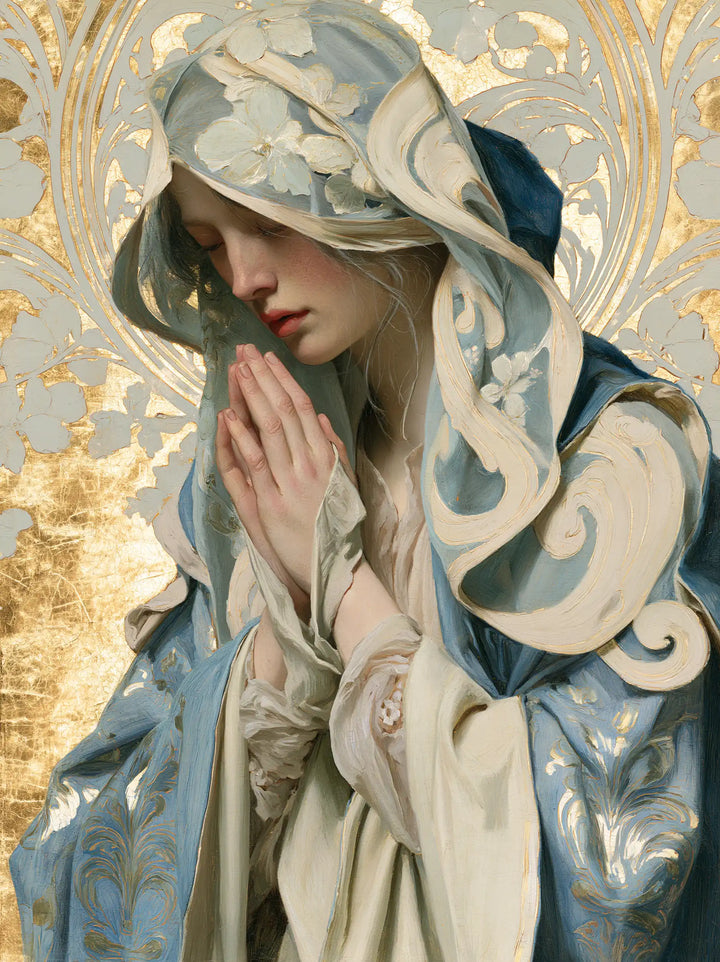 Virgin Mary in Prayer — Pale Leaves around the Face