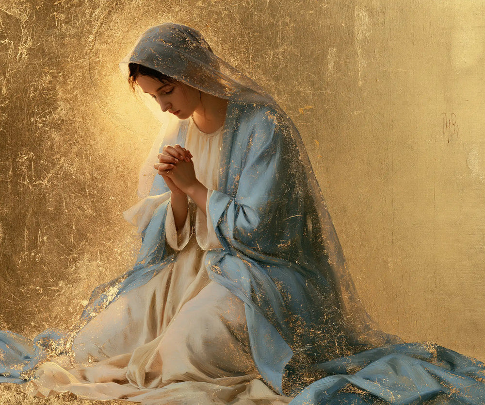 the Virgin Mary in prayer in Sacred Gold style, landscape Christian artwork no. 2