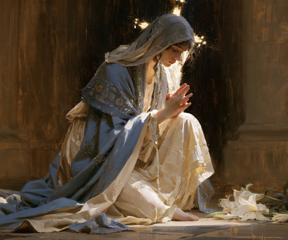 Virgin Mary in Prayer — Palms beside the Laid Lilies