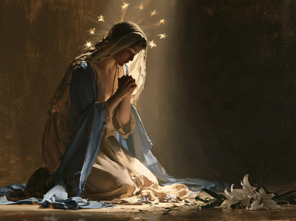 the Virgin Mary in prayer in Symbolist style, landscape Christian artwork no. 9