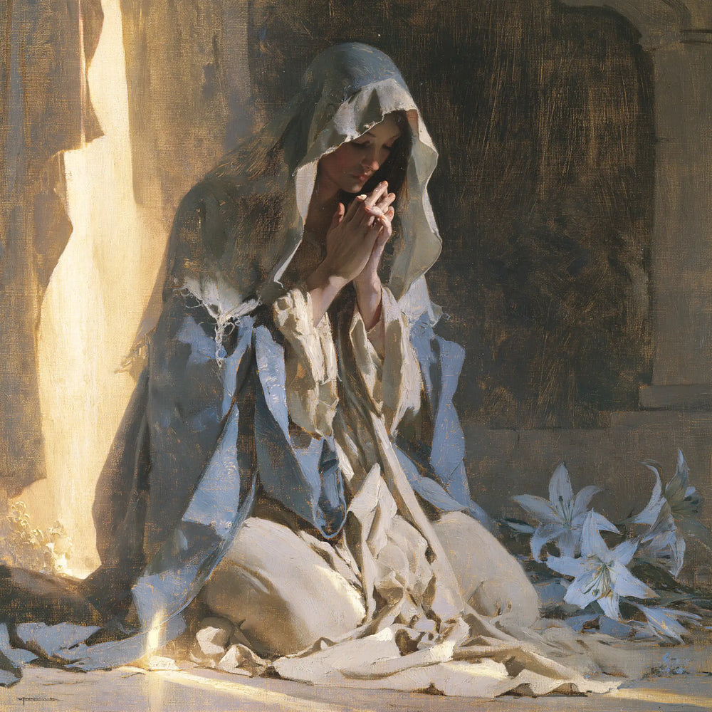 the Virgin Mary in prayer in Symbolist style, square Christian artwork no. 1