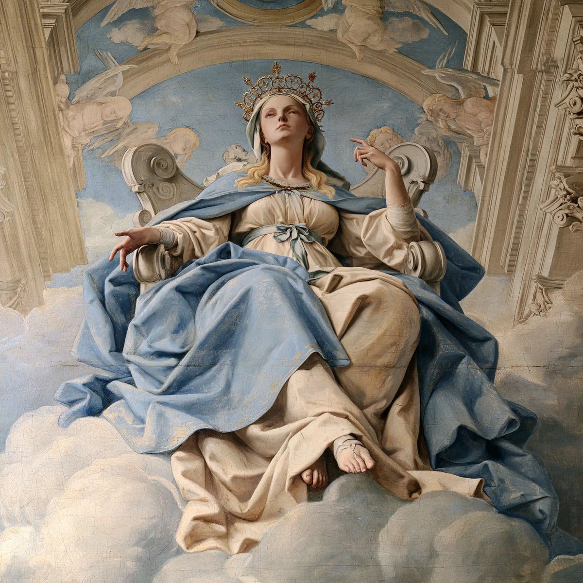 Mary, Queen of Heaven — The Raised Hand Beneath Stone Scrollwork