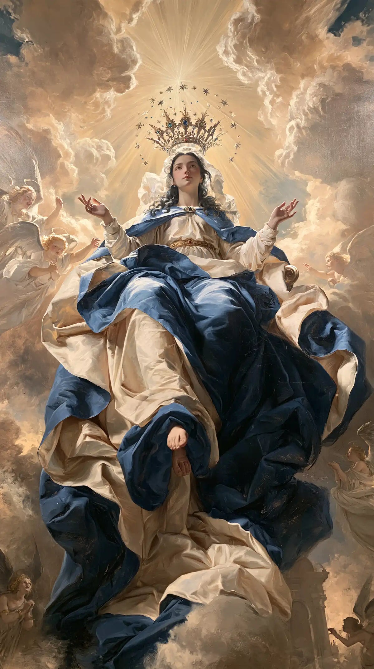 Mary, Queen of Heaven — The Great Blue Fold Beneath Golden Points