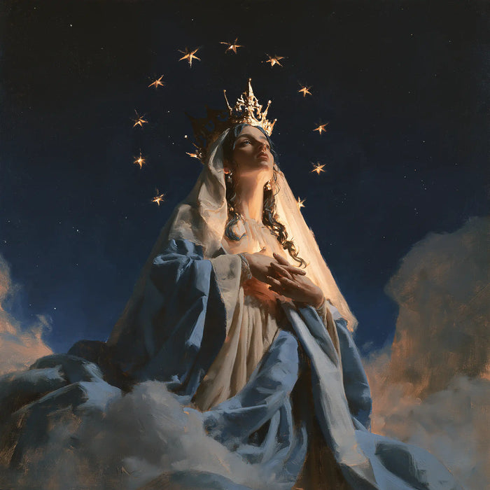 Mary, Queen of Heaven — Hands at the Breast Beneath Slender Stars