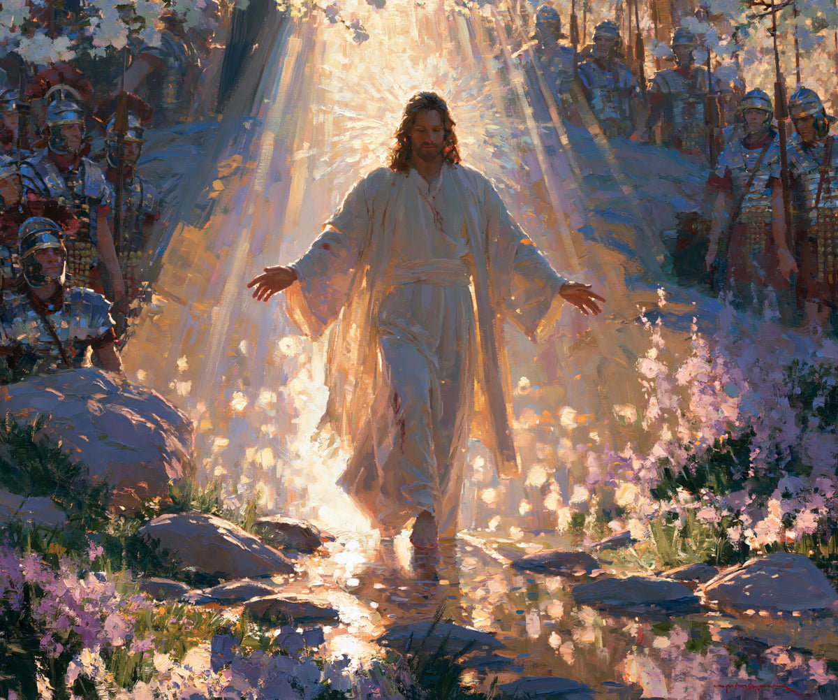 Resurrection of Jesus Christ in Impressionist style, landscape Christian artwork no. 1