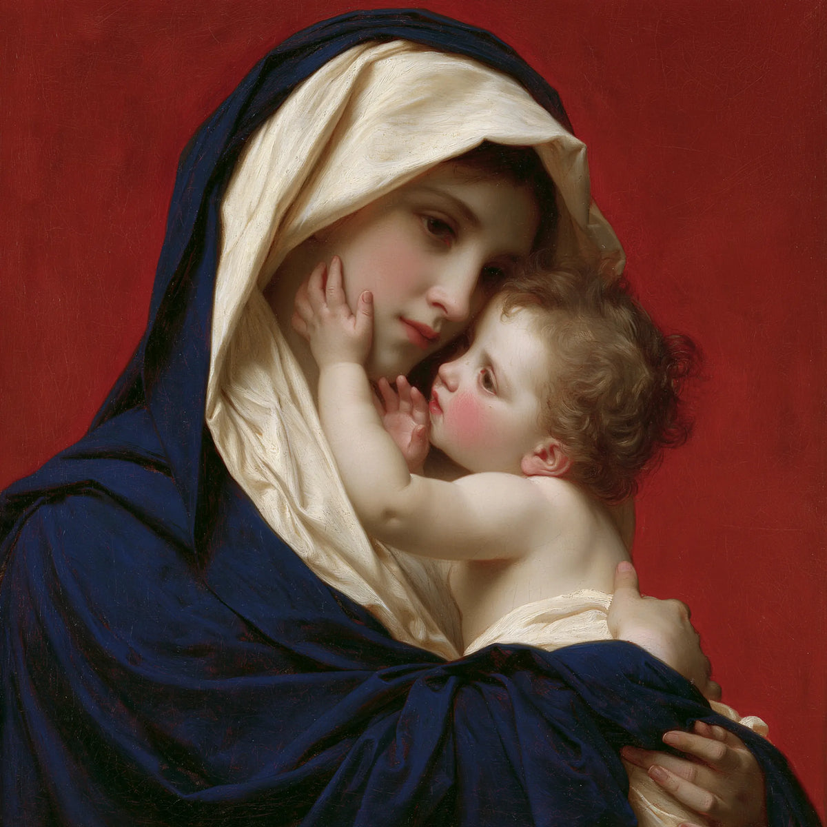 The Virgin Mary and Child Jesus — Forehead Resting in Shadowed Blue