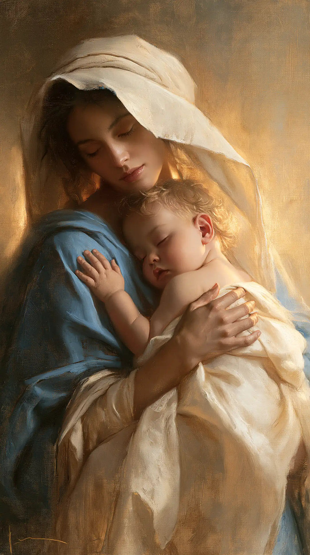 the Virgin Mary sharing a tender moment with the Child Jesus in Sacred Maternal Tenderness style, portrait Christian artwork no. 3