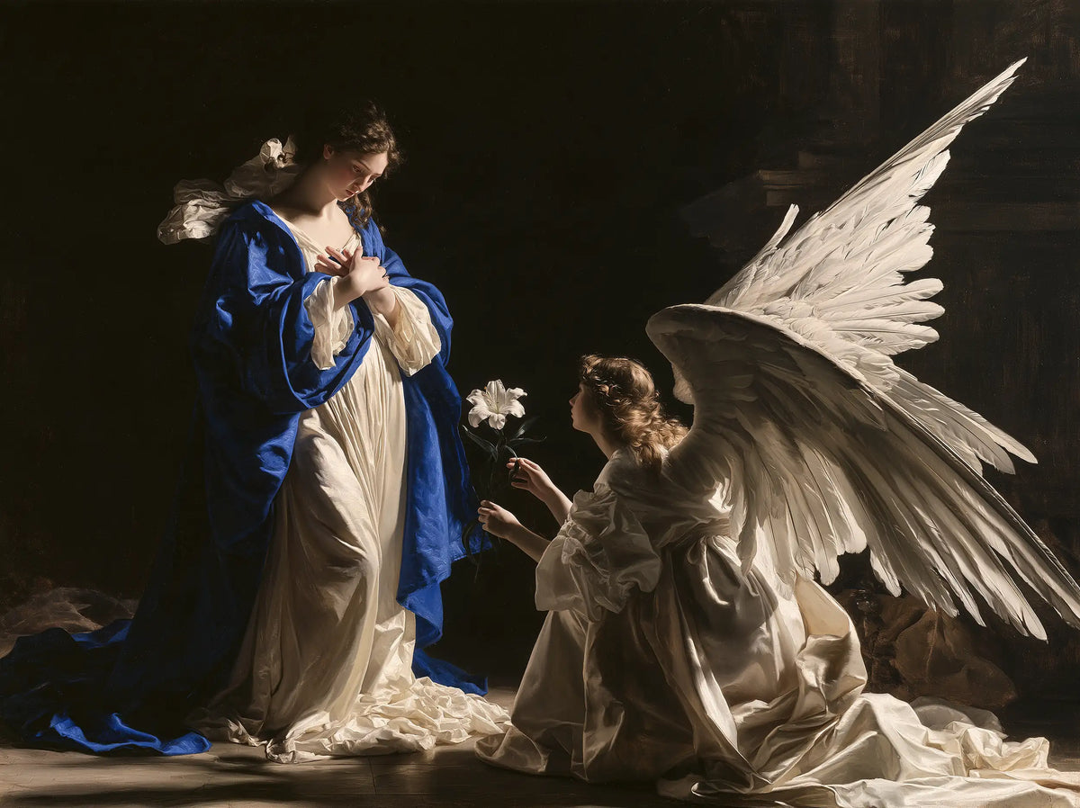 White Wing and Lily in the Dark Sanctuary – Caravaggio-Inspired Tenebrist Art · Landscape